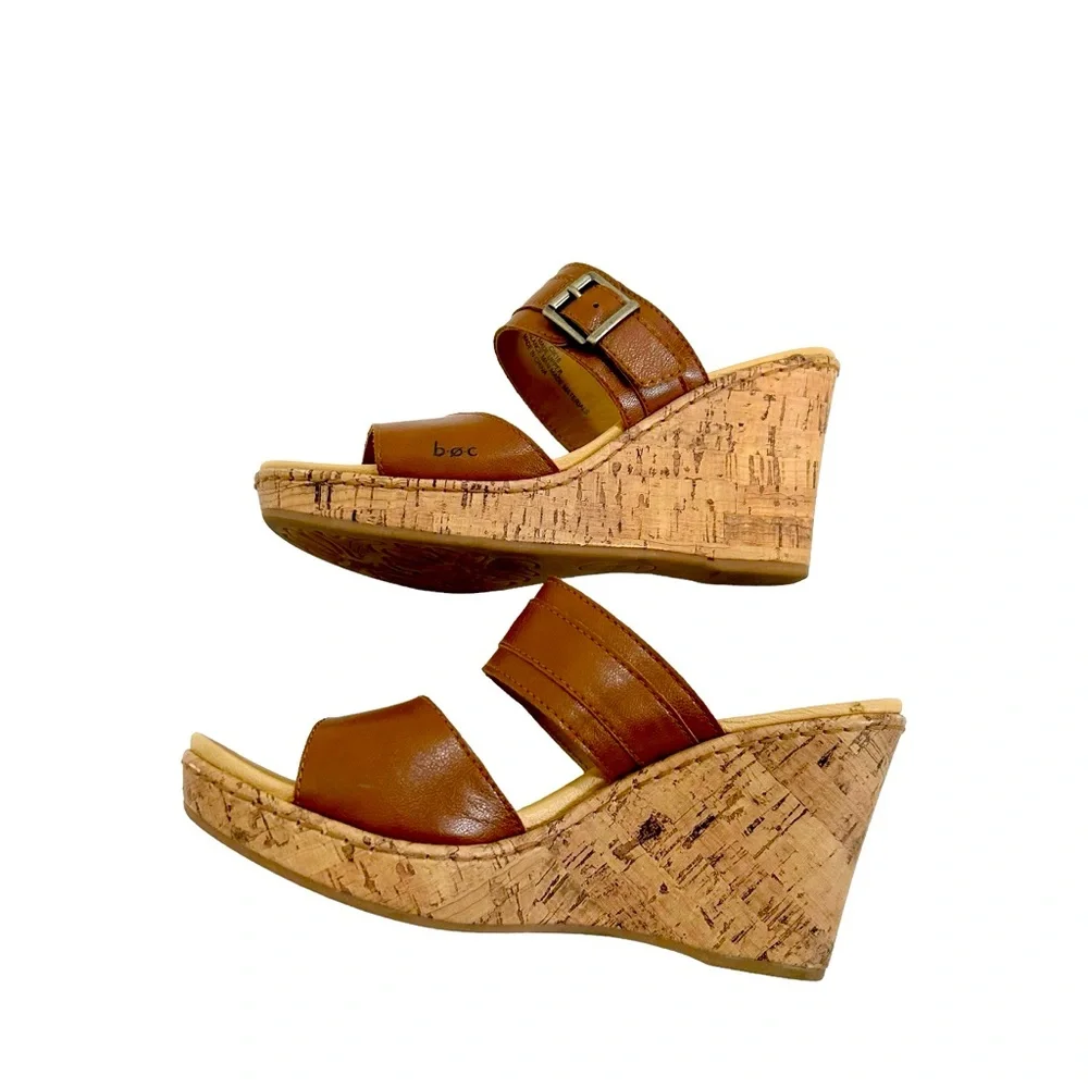 BOC Born Concepts Brown Pounce Double Strap Cork Wedge Heels, Size 8M